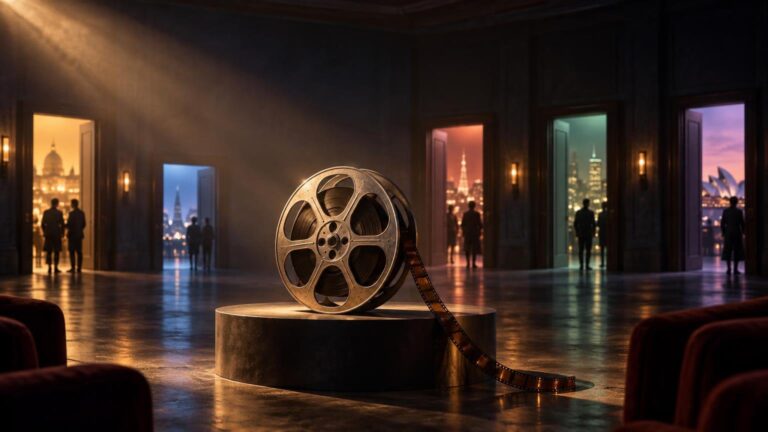 Cinematic interior with a large film reel on a pedestal, a strip of film trailing across the floor, silhouetted people, and doorways framing illuminated city landmarks at dusk.