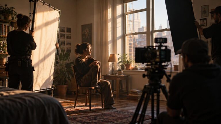 Wide cinematic view of a film crew shaping warm window light in an apartment as a seated woman is filmed beside large diffusion and black flag panels.