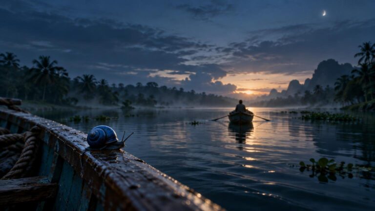 A vivid blue snail rests on the wet edge of a wooden boat as a lone person rows across a misty tropical river at sunrise beneath a crescent moon.